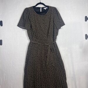 Baltic Born Black Tan Leaf Print Pleated Midi Dress Womens 1XL
